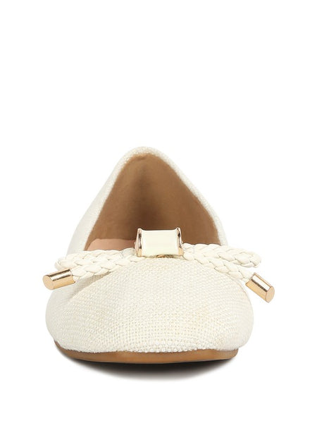 Rag Company dressy flats with bow for summer in white textured fabric with braided bow detail