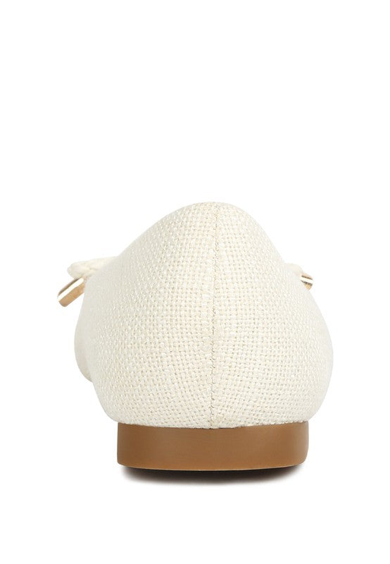 Rag Company dressy flats with bow for summer in textured cream fabric with brown sole