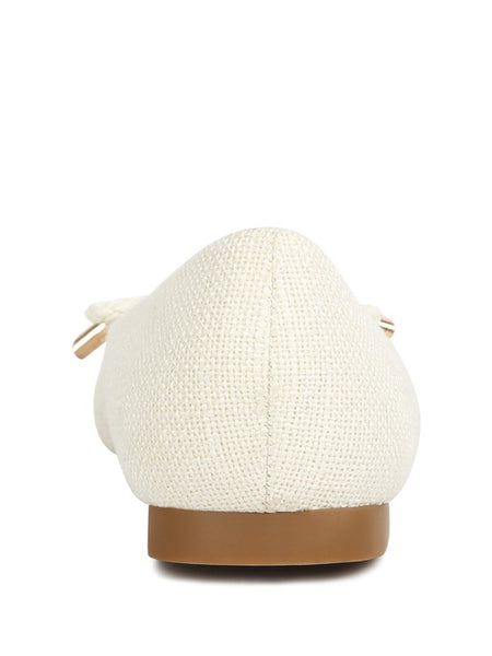 Rag Company dressy flats with bow for summer in textured cream fabric with brown sole