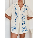Trendsi embroidered shorts set for women in cream with blue floral and wine glass embroidery