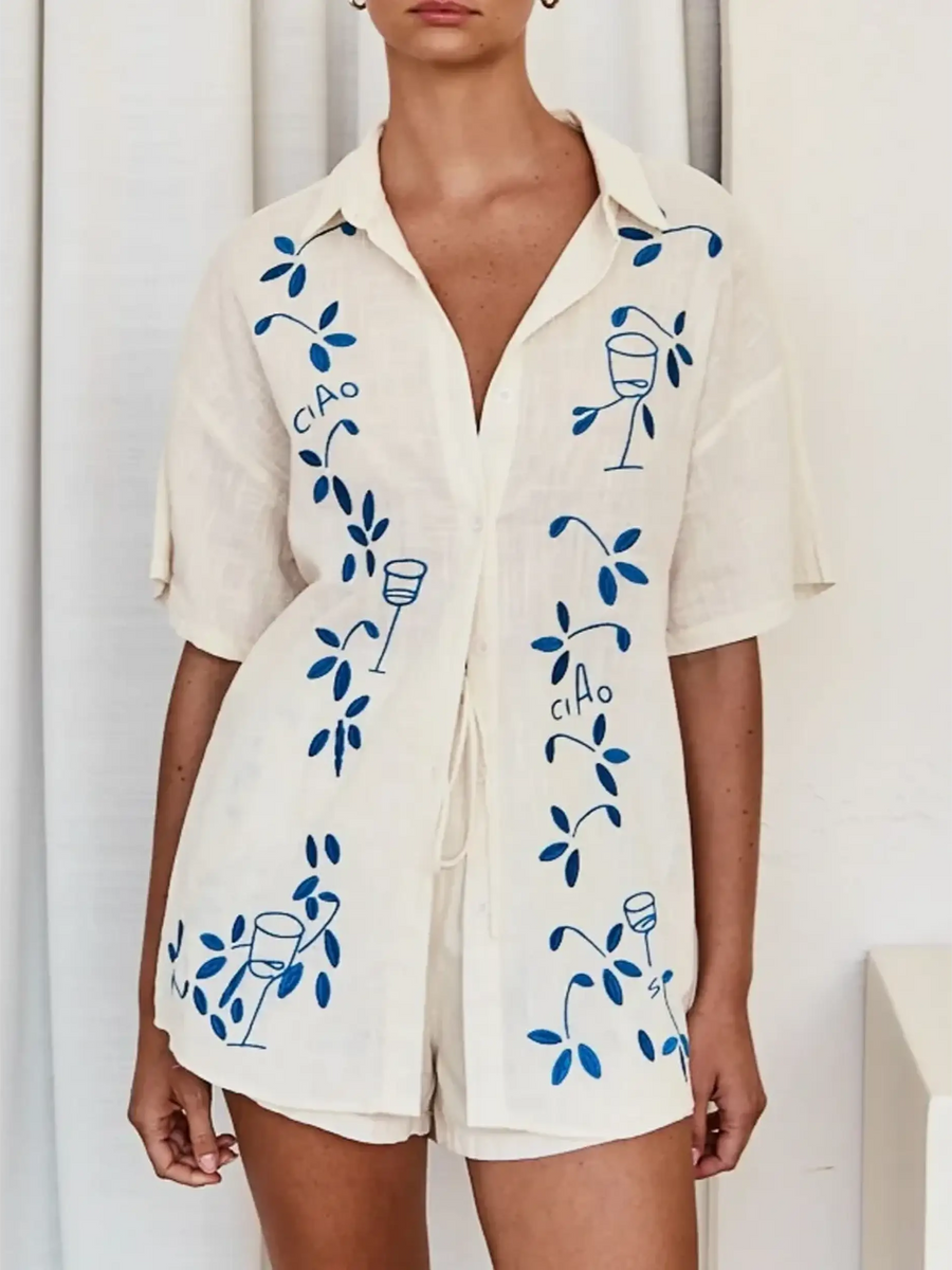 Trendsi embroidered shorts set for women in white with blue floral and wine glass embroidery