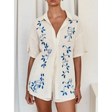 Trendsi embroidered shorts set for women in white with blue floral and wine glass embroidery