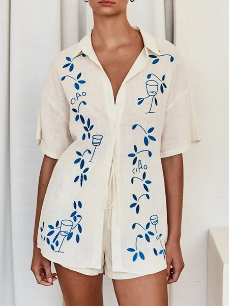 Trendsi embroidered shorts set for women in white with blue floral and wine glass embroidery