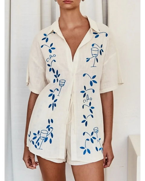 Trendsi embroidered shorts set for women in white with blue floral and wine glass embroidery