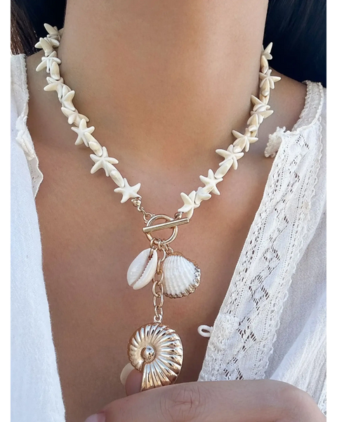Fashionable Shell Resort Necklace by Trendsi featuring white star-shaped beads and hanging shell charms