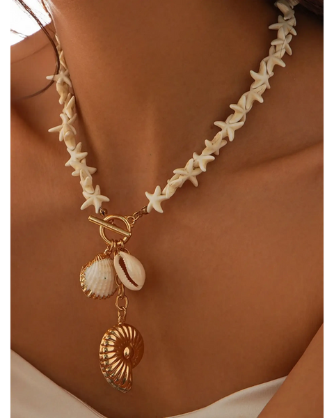 Trendsi Fashionable Shell Resort Necklace with starfish chain and gold shell charms