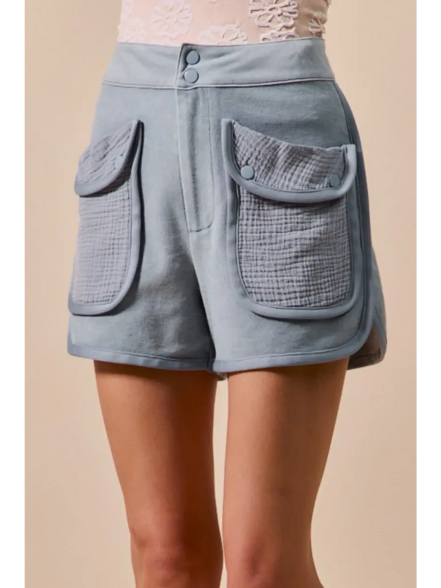 Trendsi high rise cargo shorts in light blue with large front pockets and double button closure