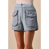 Trendsi high rise cargo shorts in light blue with large front pockets and double button closure
