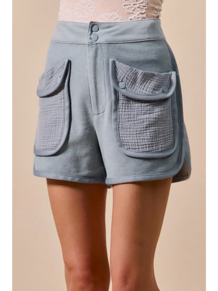 Trendsi high rise cargo shorts in light blue with large front pockets and double button closure