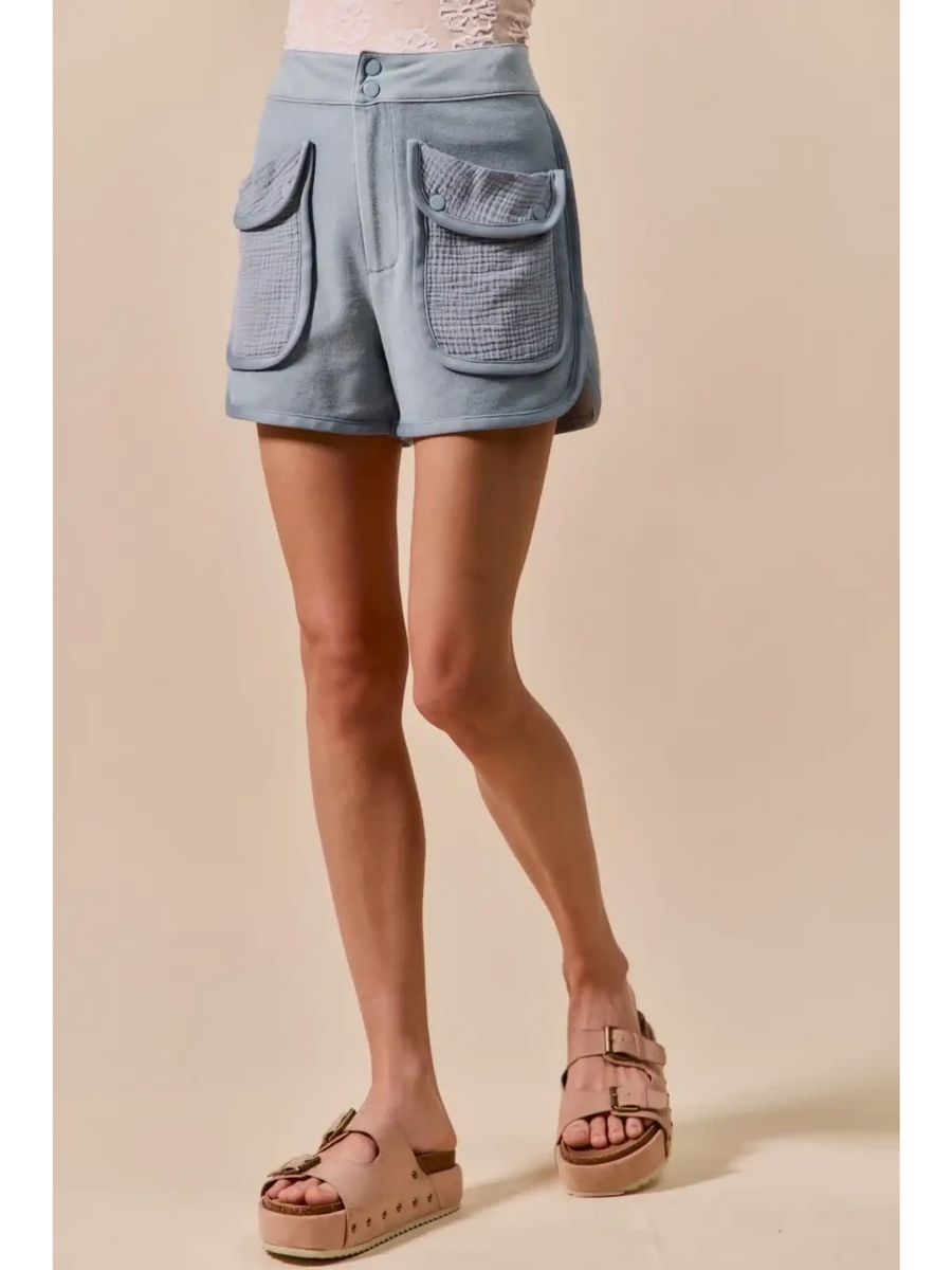 Trendsi High Rise Cargo Shorts in light blue with large front pockets and button closure