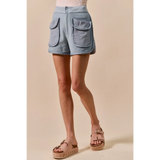 Trendsi High Rise Cargo Shorts in light blue with large front pockets and button closure