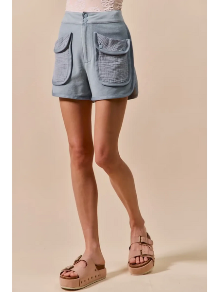 Trendsi High Rise Cargo Shorts in light blue with large front pockets and button closure