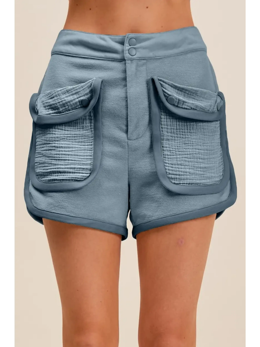 Trendsi High Rise Cargo Shorts in blue with large front pockets and double button closure
