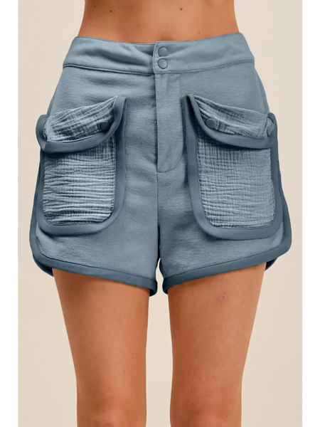 Trendsi High Rise Cargo Shorts in blue with large front pockets and double button closure