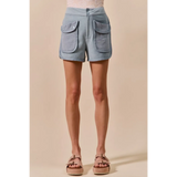 Trendsi womens high rise cargo shorts in light blue with large front pockets and button closure