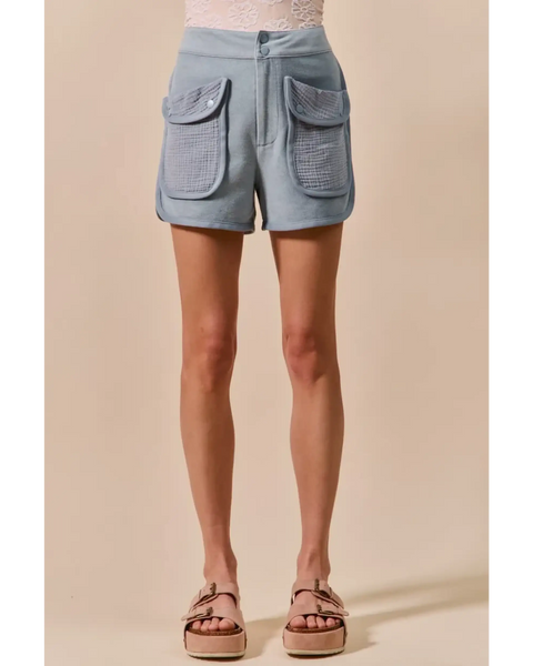 Trendsi womens high rise cargo shorts in light blue with large front pockets and button closure