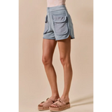 Trendsi high rise cargo shorts in light blue with large flap pockets on sides