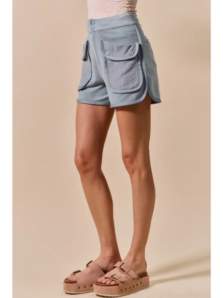Trendsi high rise cargo shorts in light blue with large flap pockets on sides