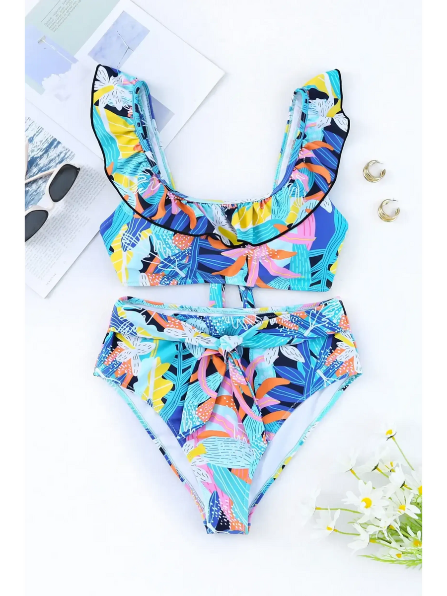 Trendsi colorful floral High Waist Bikini Set with Support Top featuring ruffled straps and tie detail