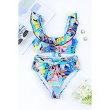 Trendsi colorful floral High Waist Bikini Set with Support Top featuring ruffled straps and tie detail