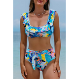 Trendsi high waist bikini set with support top in colorful tropical print with ruffle straps