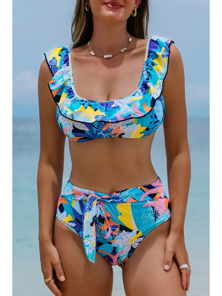 Trendsi high waist bikini set with support top in colorful tropical print with ruffle straps