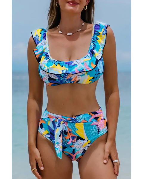 Trendsi high waist bikini set with support top in colorful tropical print with ruffle straps