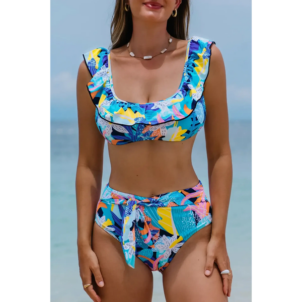 Trendsi high waist bikini set with support top in colorful tropical print with ruffle straps