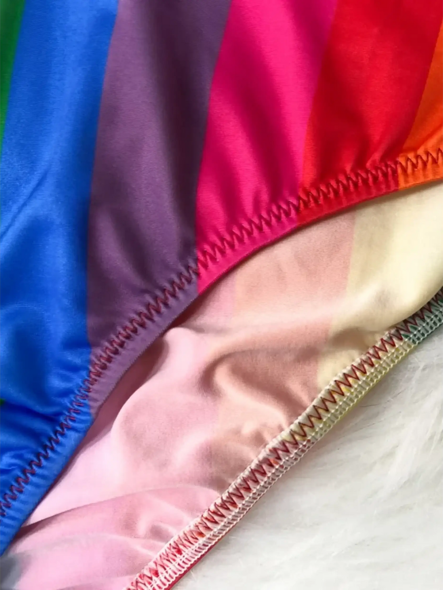 Beach Babes high waisted rainbow swimsuit close up showing colorful fabric and stitching details
