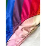 Beach Babes high waisted rainbow swimsuit close up showing colorful fabric and stitching details