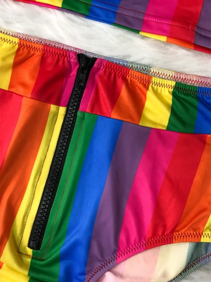 Beach Babes high waisted rainbow swimsuit bottom with colorful stripes and black zipper detail