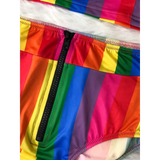 Beach Babes high waisted rainbow swimsuit bottom with colorful stripes and black zipper detail