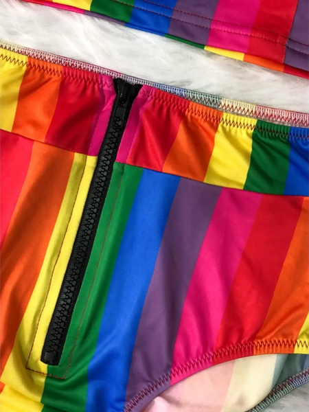 Beach Babes high waisted rainbow swimsuit bottom with colorful stripes and black zipper detail