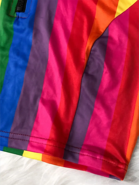 Close-up of Beach Babes high waisted rainbow swimsuit with vibrant multicolor stripes