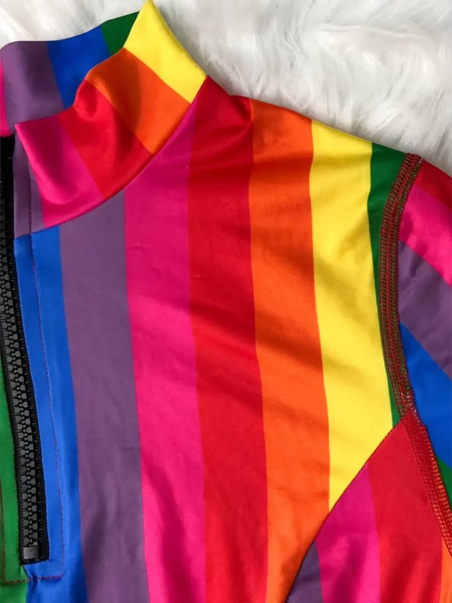 Beach Babes vibrant high waisted rainbow swimsuit with bold colorful stripes and zipper detail