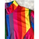 Beach Babes vibrant high waisted rainbow swimsuit with bold colorful stripes and zipper detail
