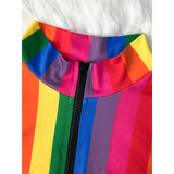 Close-up of Beach Babes high waisted rainbow swimsuit with colorful vertical stripes and front zipper