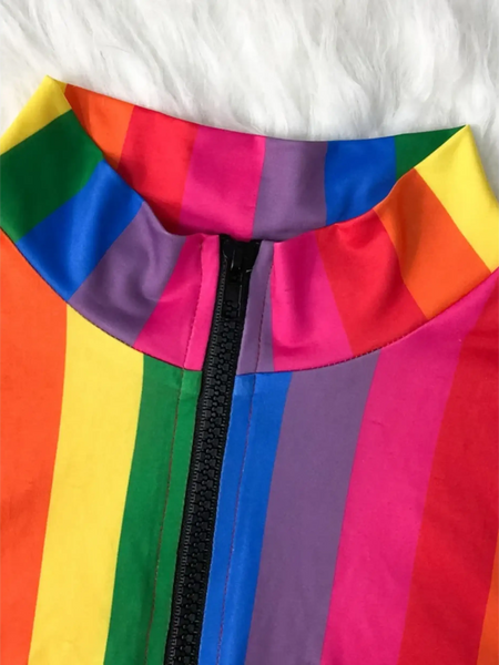 Close-up of Beach Babes high waisted rainbow swimsuit with colorful vertical stripes and front zipper