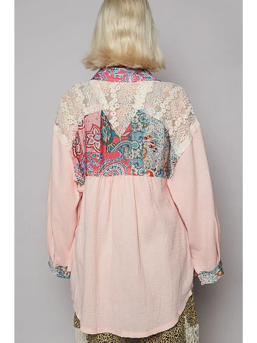 Babe Beachwear lace patchwork long sleeve shirt with floral and lace design in pink and multicolor