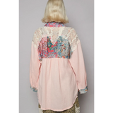 Babe Beachwear lace patchwork long sleeve shirt with floral and lace design in pink and multicolor