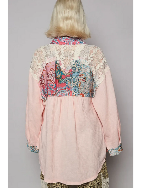 Babe Beachwear lace patchwork long sleeve shirt with floral and lace design in pink and multicolor