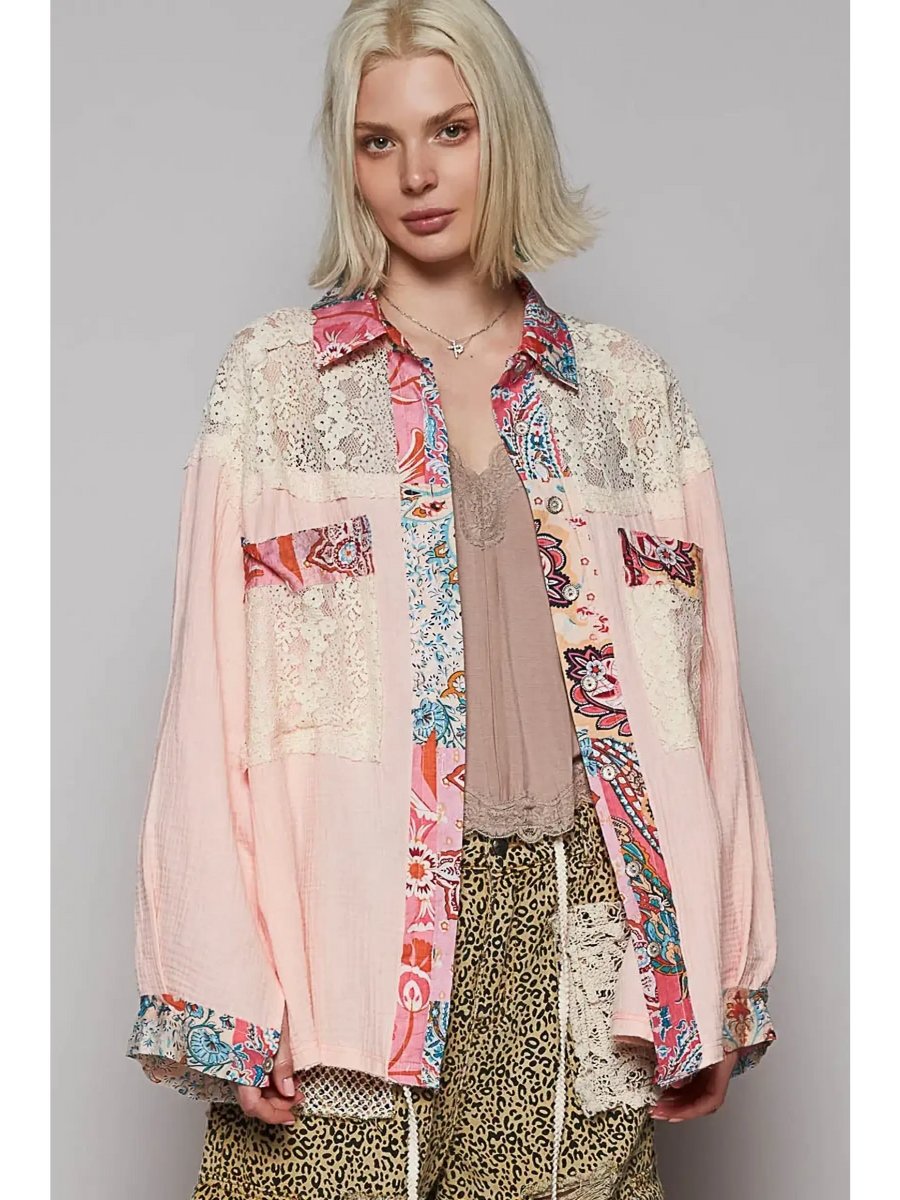 Babe Beachwear lace patchwork long sleeve shirt in pink and floral patterns with lace details