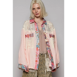 Babe Beachwear lace patchwork long sleeve shirt in pink and floral patterns with lace details