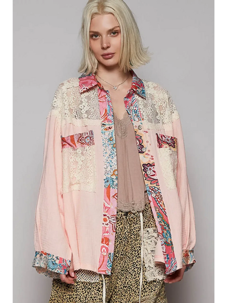 Babe Beachwear lace patchwork long sleeve shirt in pink and floral patterns with lace details