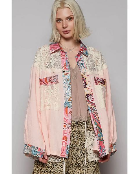Babe Beachwear lace patchwork long sleeve shirt in pink and floral patterns with lace details