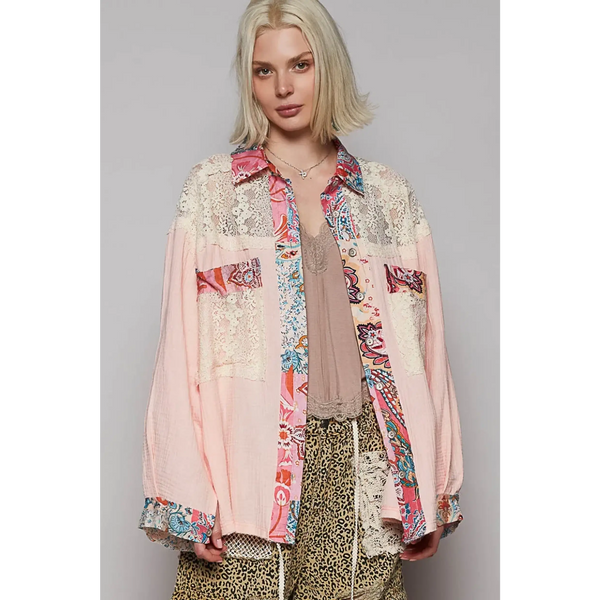 Babe Beachwear lace patchwork long sleeve shirt in pink and floral patterns with lace details
