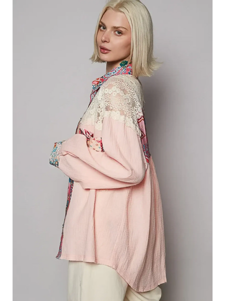 Babe Beachwear lace patchwork long sleeve shirt in pink with floral and lace details worn by a blonde model