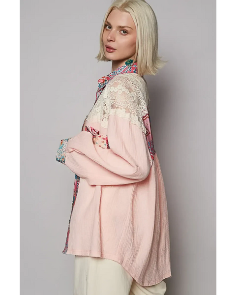 Babe Beachwear lace patchwork long sleeve shirt in pink with floral and lace details worn by a blonde model