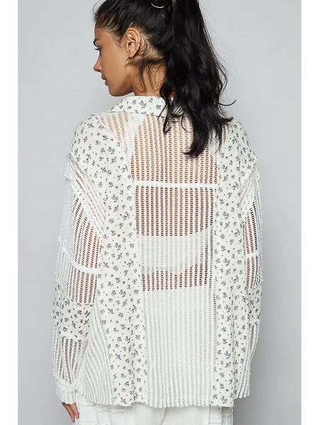 Trendsi lightweight crochet long white floral crochet top with open knit pattern on model