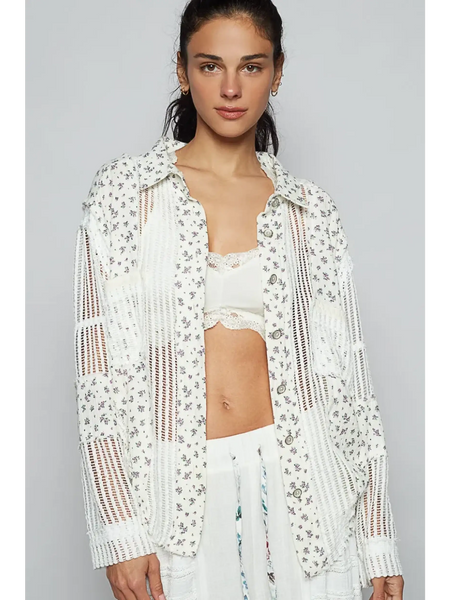 Lightweight Crochet Long white floral crochet top by Trendsi worn by model with matching white outfit